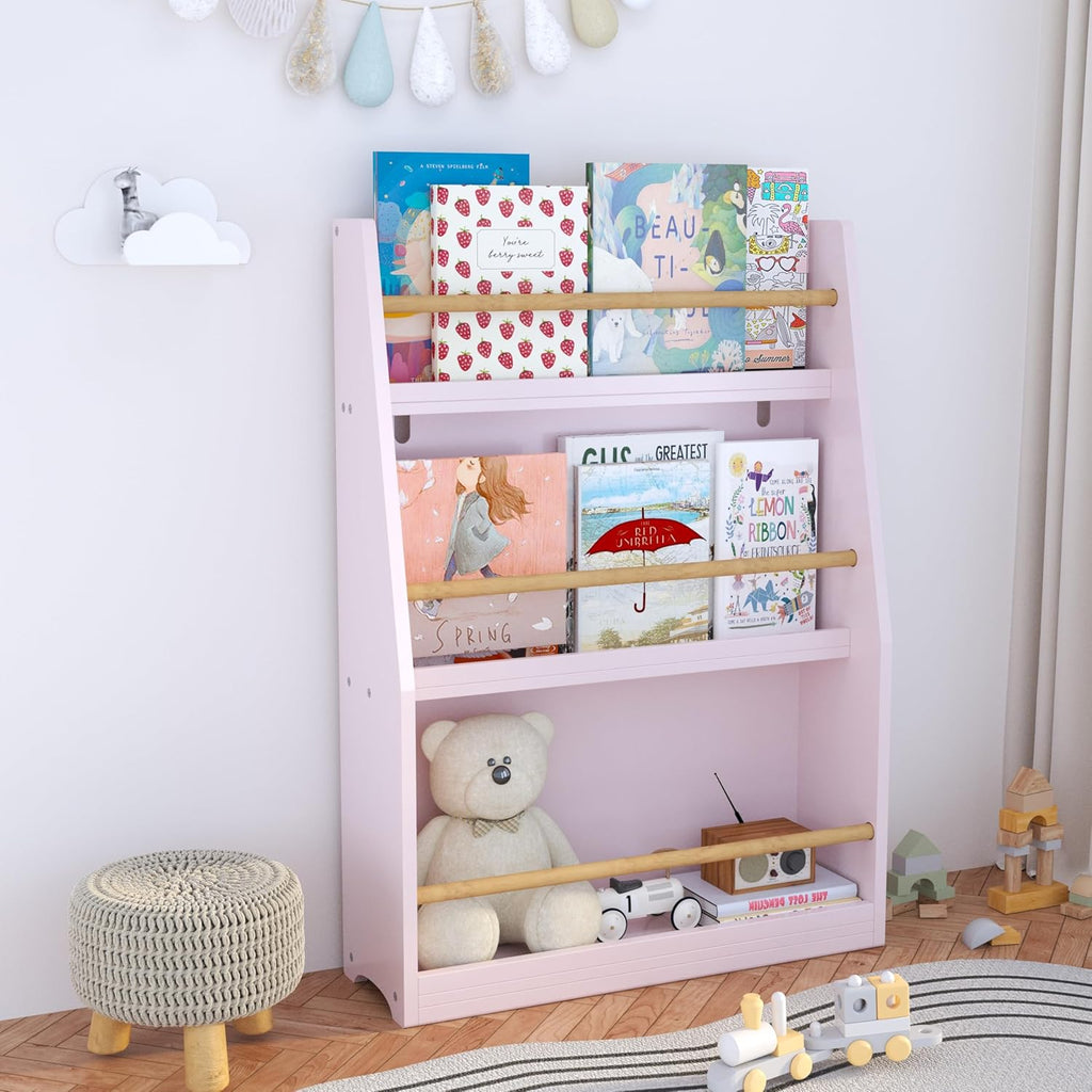 CASIRIS 3-Tier Kids Book Shelf — Compact MDF Kids Book Rack for Reading Corners, Bedrooms, Playrooms, Nurseries, Classrooms, and Homeschool Spaces (Pink)