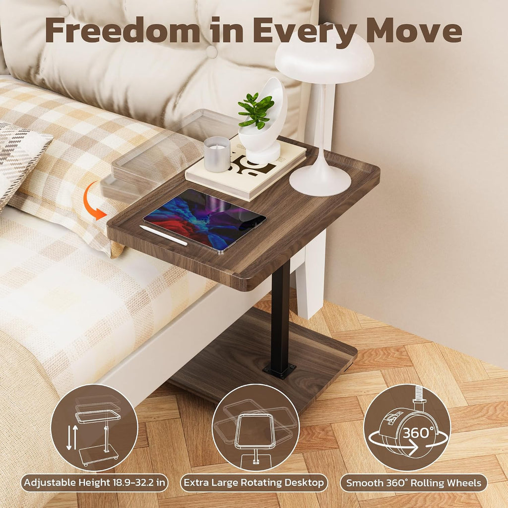 Large C-Shaped End Table, Swivel TV Tray, Couch Side Table Wood | Adjustable Height 360° Swivel, Slide Under Sofa, Multi-Use Couch/Bed/Overbed Table, Small TV Dinner Tray For Couch Dining