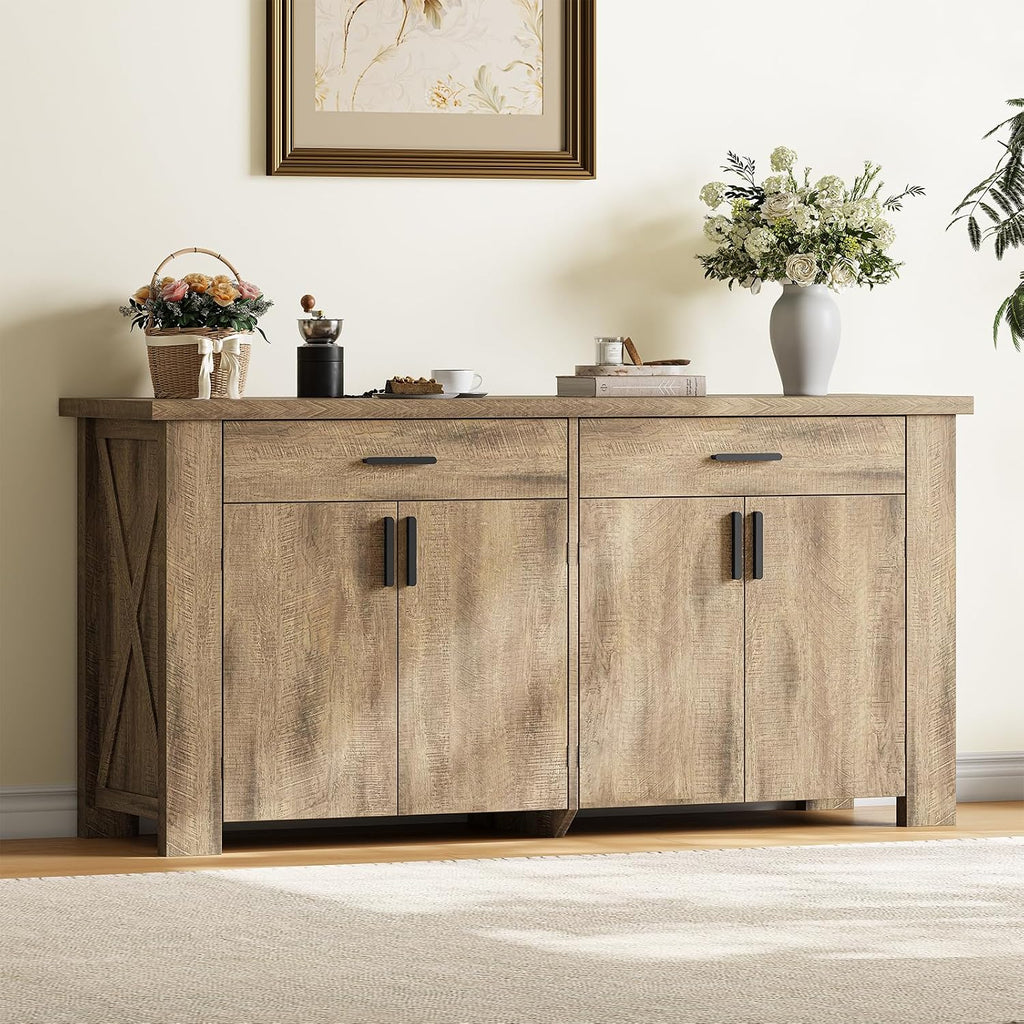 ONBRILL 61 Inch Sideboard Buffet Cabinet with Storage, Buffet Cabinet with 2 Drawers & 4 Doors, Farmhouse Sideboard with Adjustable Shelves, Coffee Bar Cabinets for Living Room, Kitchen, Rustic Brown
