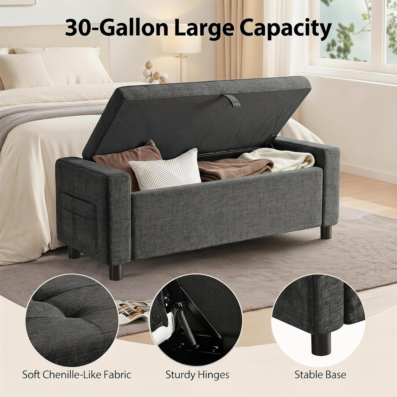 Marsail Upholstered Bench Rectangle Ottoman with Storage Bench for Bedroom End of Bed, Tufted Ottoman with Cushion, Modern Benches for Foot of Bed, Living Room, Entryway, Grey