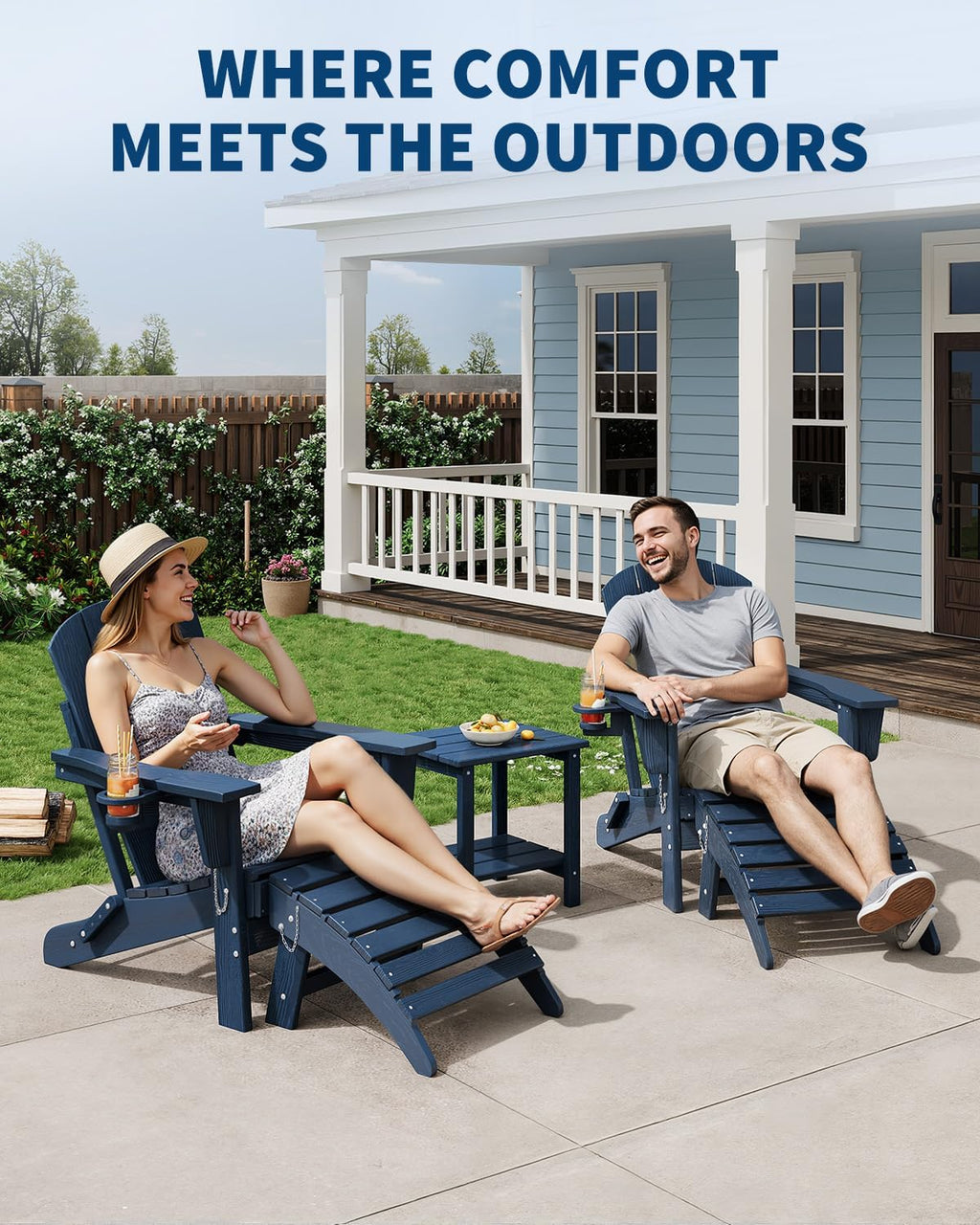 Garvee Folding Adirondack Chair with Ottoman, HDPE Outdoor Patio Chair with Cup Holder, All Weather Resistent Wooden Textured for patios, Decks, Gardens, fire Pit, Navy Blue