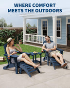 Garvee Folding Adirondack Chair with Ottoman, HDPE Outdoor Patio Chair with Cup Holder, All Weather Resistent Wooden Textured for patios, Decks, Gardens, fire Pit, Navy Blue