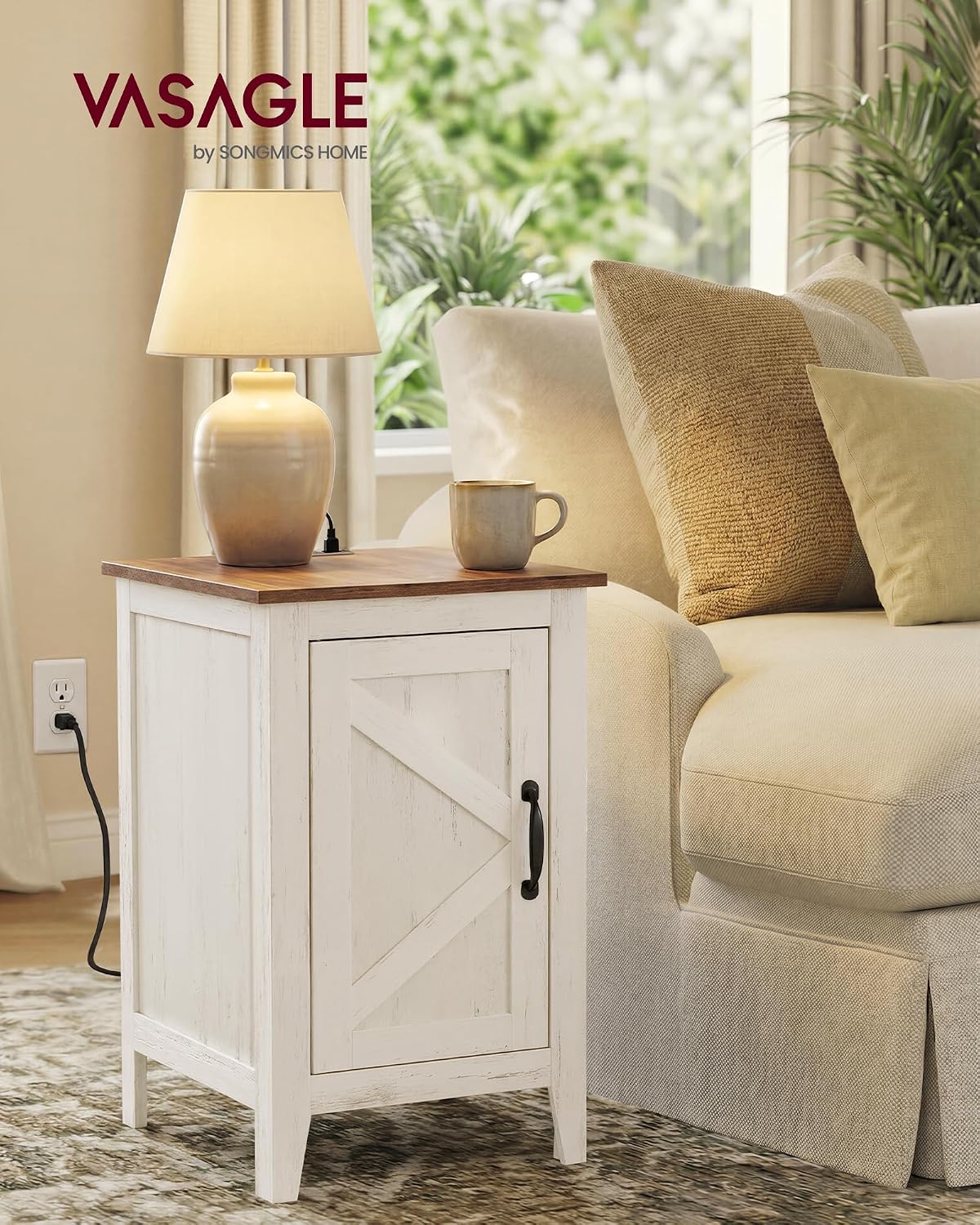 VASAGLE LIRY Collection - End Table with Charging Station, Side Table with Storage Cabinet, Night Stand for Living Room, Bedroom, Home Office, Rustic White and Honey Brown ULET131W101S