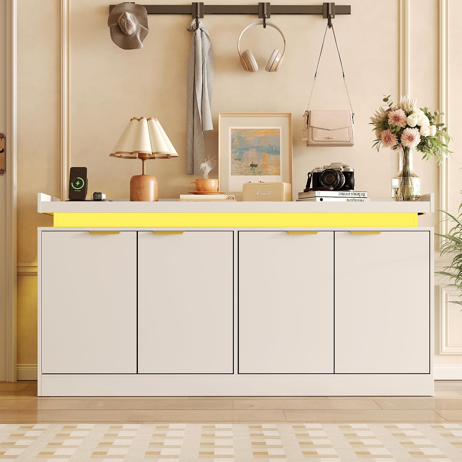 knoworld LED Sideboard Buffet Cabinet with Storage, 63'' Large Kitchen Buffet Cabinet Storage Cabinets with 4 Doors, Wood Coffee Bar Cabinets Buffet Table for Kitchen, Dining, White