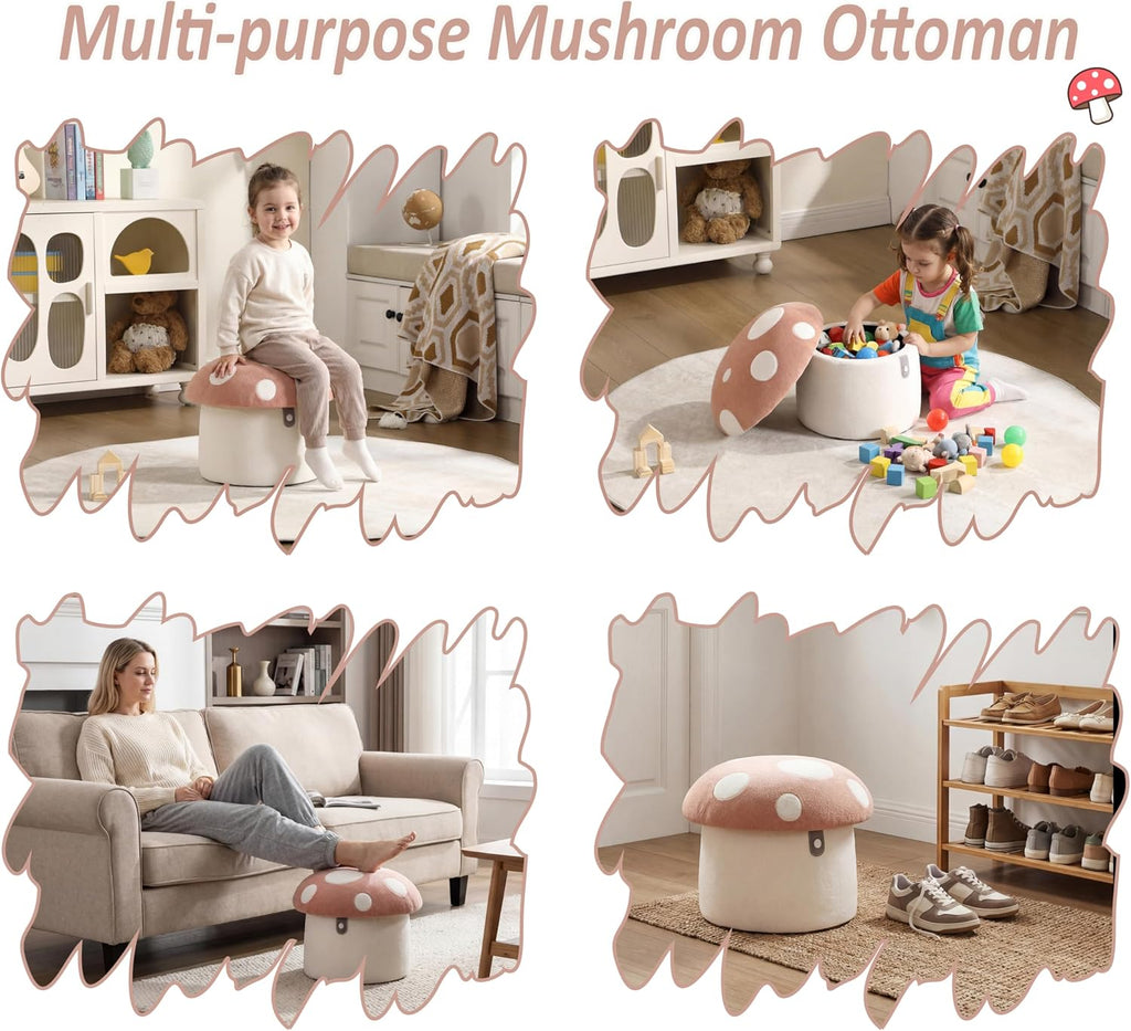Kids Desk Chairs, Cute Mushroom Storage Ottoman, Mushroom Armchair, Children Round Storage Ottomans, Small Multi-Purpose Footstool for Playroom & Bedroom, Pink Mushroom