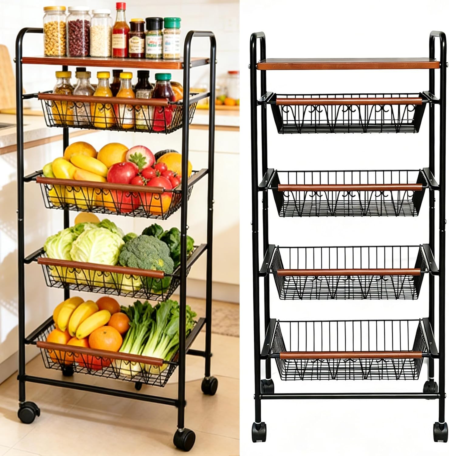 SWEETBLOOM Fruit Vegetable Storage Cart for Kitchen, 5-Tier Vegetable Stand Rack with Pull-Out Fruit Baskets, Rolling Snack Cart with Wood Top for Pantry, Living Room, Bathroom