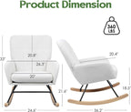 Nursery Rocking Chair Upholstered, High Backrest Glider Rocker Accent Chair with Padded Removable Cushion Comfy Nursing Chair for Living Room Bedroom Office, White Grey
