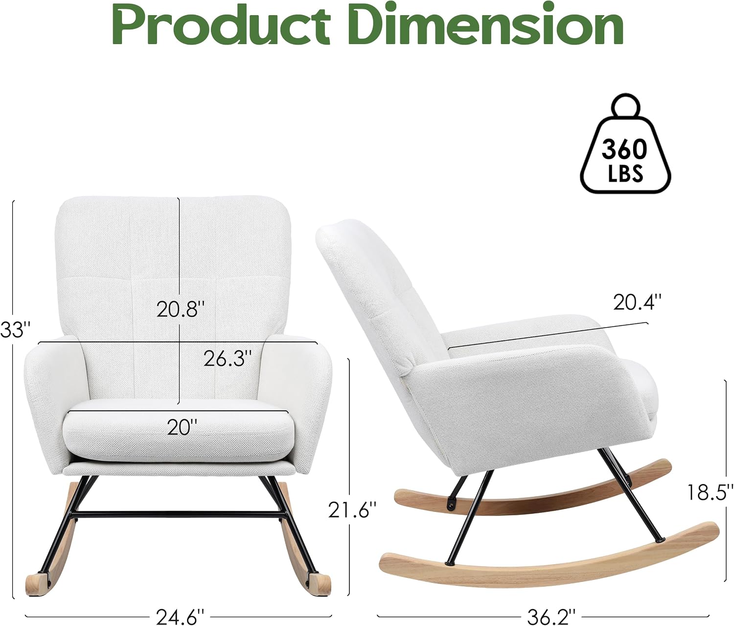 Nursery Rocking Chair Upholstered, High Backrest Glider Rocker Accent Chair with Padded Removable Cushion Comfy Nursing Chair for Living Room Bedroom Office, White Grey