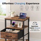 OLIXIS Nightstand with Charging Station, Beside Table with Fabric Drawer | 3-Tier End Table with 2 Storage Shelves,Night Stand with USB Ports and Outlets for Bedroom, Rustic Brown