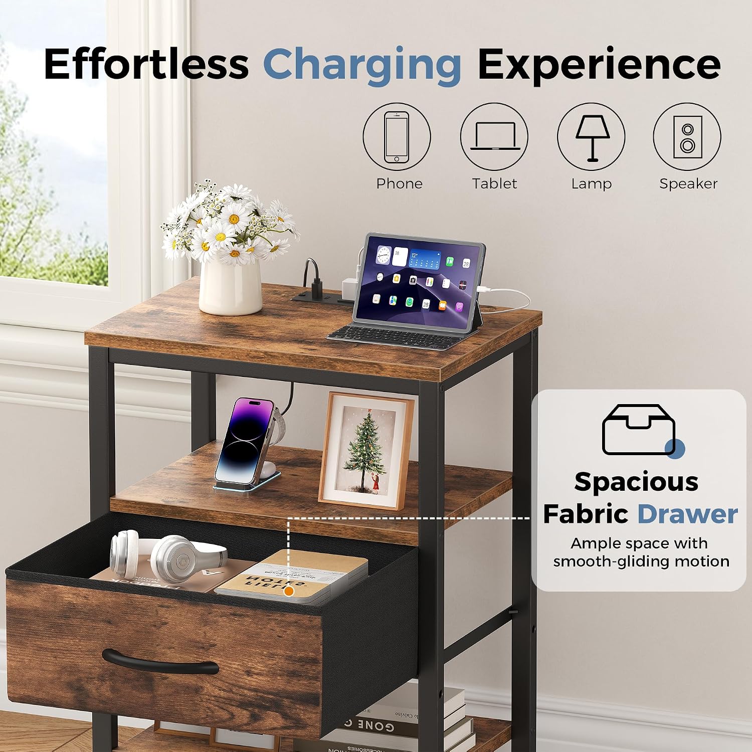 OLIXIS Nightstand with Charging Station, Beside Table with Fabric Drawer | 3-Tier End Table with 2 Storage Shelves,Night Stand with USB Ports and Outlets for Bedroom, Rustic Brown