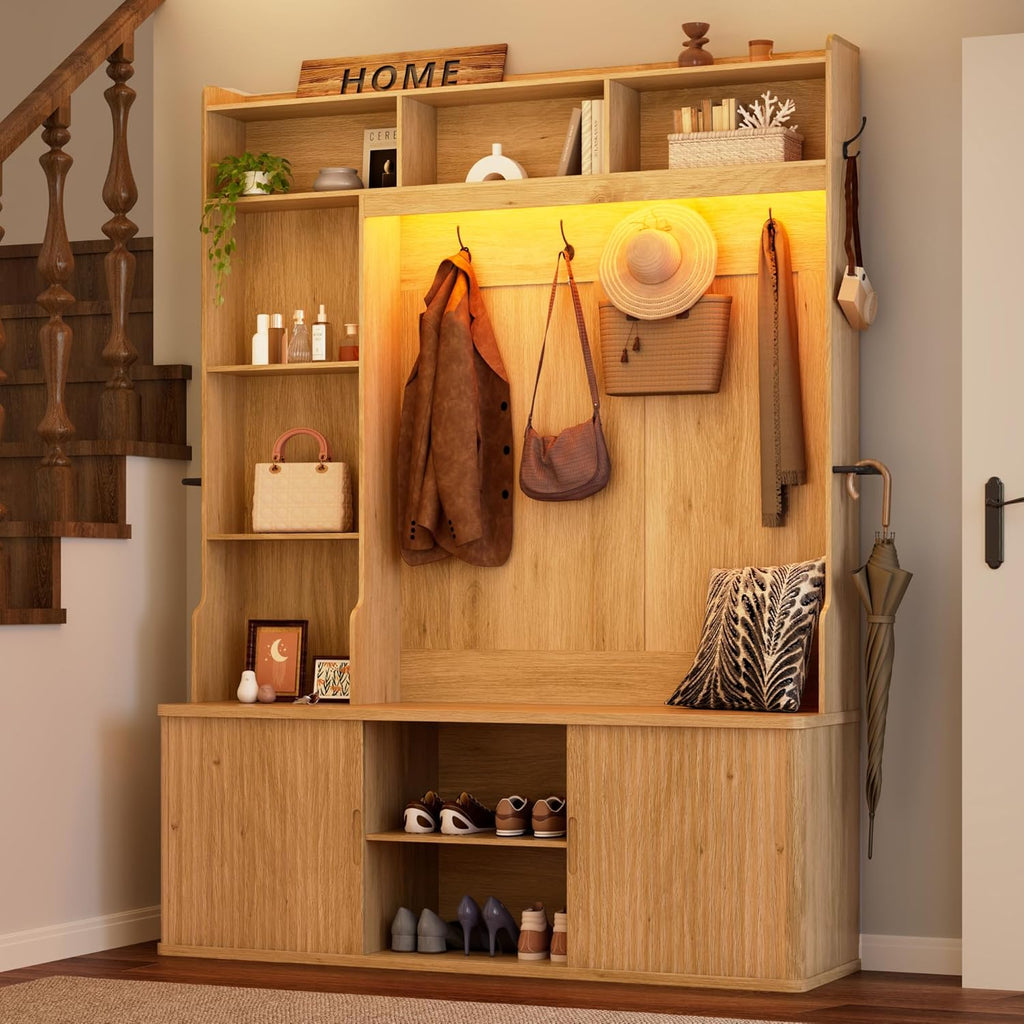 77"H 59"W Hall Tree with Bench and Shoe Storage, Entryway Bench with Coat Rack & 12 Hooks, Smart RGB LED Lighting, Side Umbrella Rails, Large Mudroom Furniture w/Sliding Doors & Rounded Corners, Oak