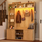 77"H 59"W Hall Tree with Bench and Shoe Storage, Entryway Bench with Coat Rack & 12 Hooks, Smart RGB LED Lighting, Side Umbrella Rails, Large Mudroom Furniture w/Sliding Doors & Rounded Corners, Oak