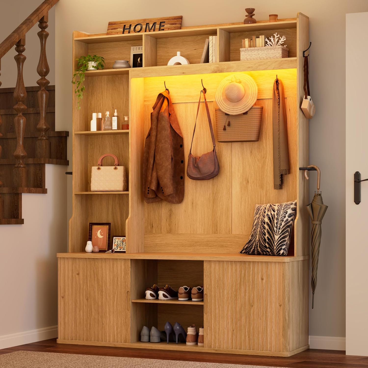 77"H 59"W Hall Tree with Bench and Shoe Storage, Entryway Bench with Coat Rack & 12 Hooks, Smart RGB LED Lighting, Side Umbrella Rails, Large Mudroom Furniture w/Sliding Doors & Rounded Corners, Oak