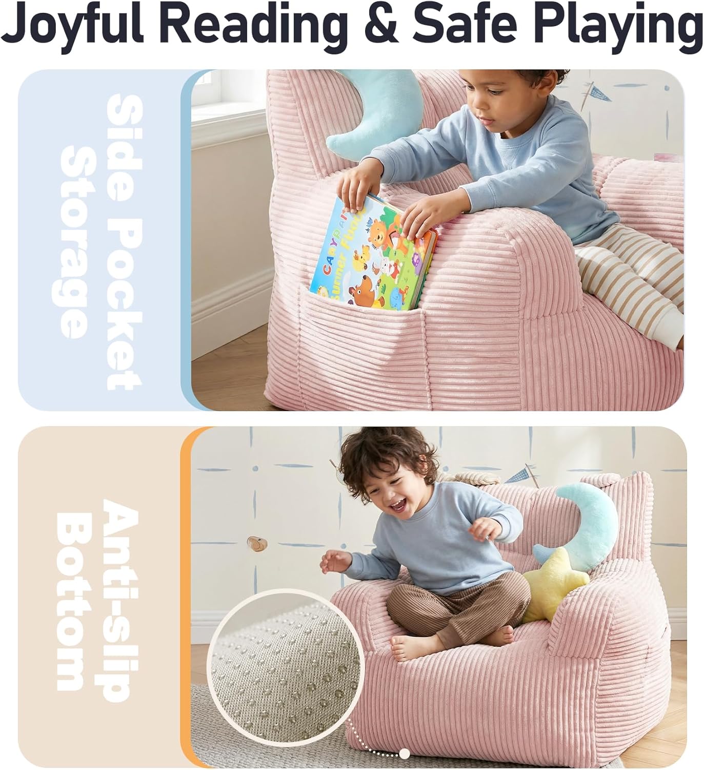 little dove Bean Bag Chairs for Kids, Comfy Bean Bag Chair with 2 Plush Toys, Toddler Chair with Pocket, Stuffed Lazy Sofa with Filler for Boys and Girls, Kids Chairs for Gaming, Reading, Pink