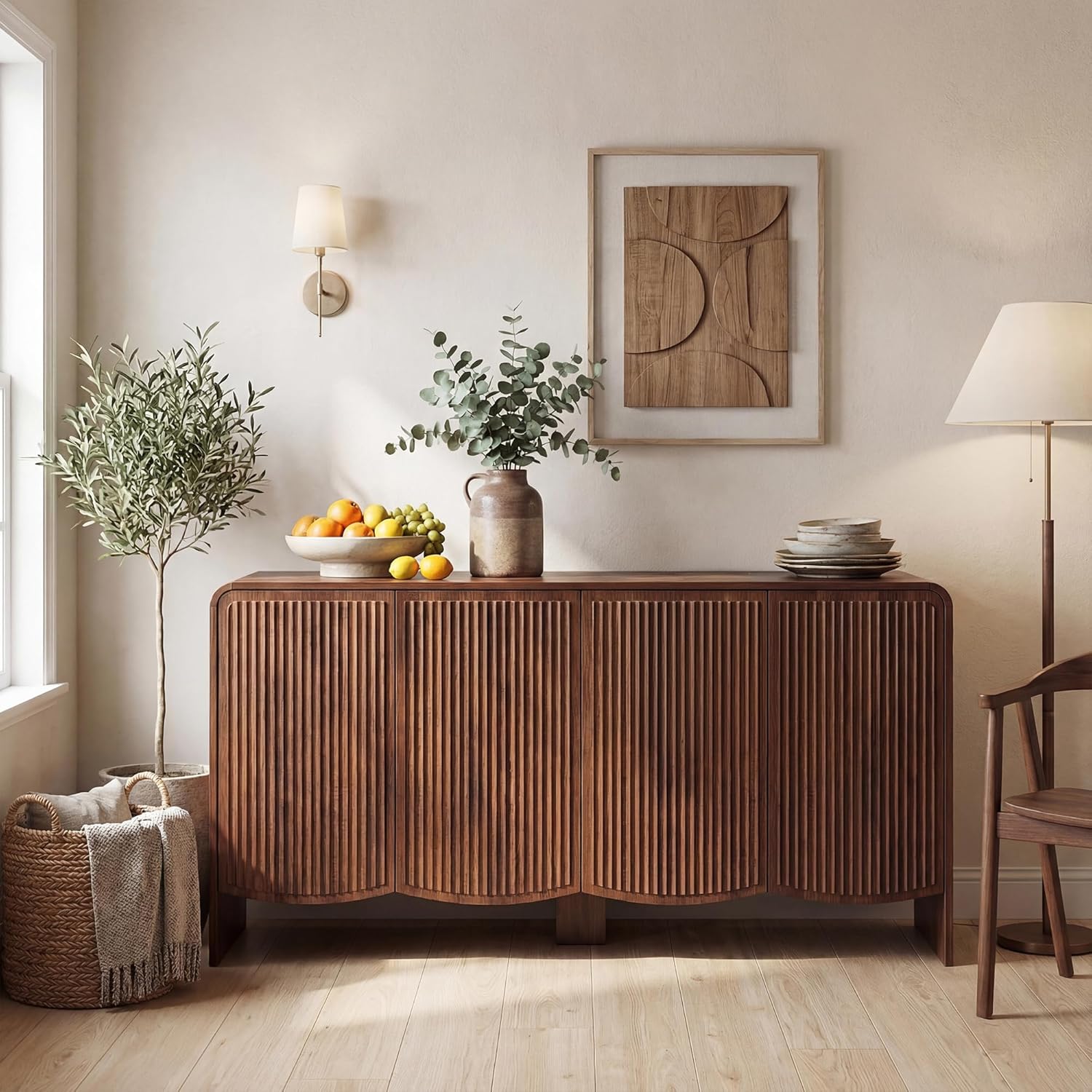 Seang Fluted Sideboard Buffet Cabinet with Storage,58" Modern Sideboard Cabinet with Curved Design & Adjustable Shelves,Wood Console Table for Living Room,Entryway,Kitchen,Walnut