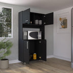 Kitchen Pantry Cabinet, 3 Shelves, Double Door & Open Rack - Black