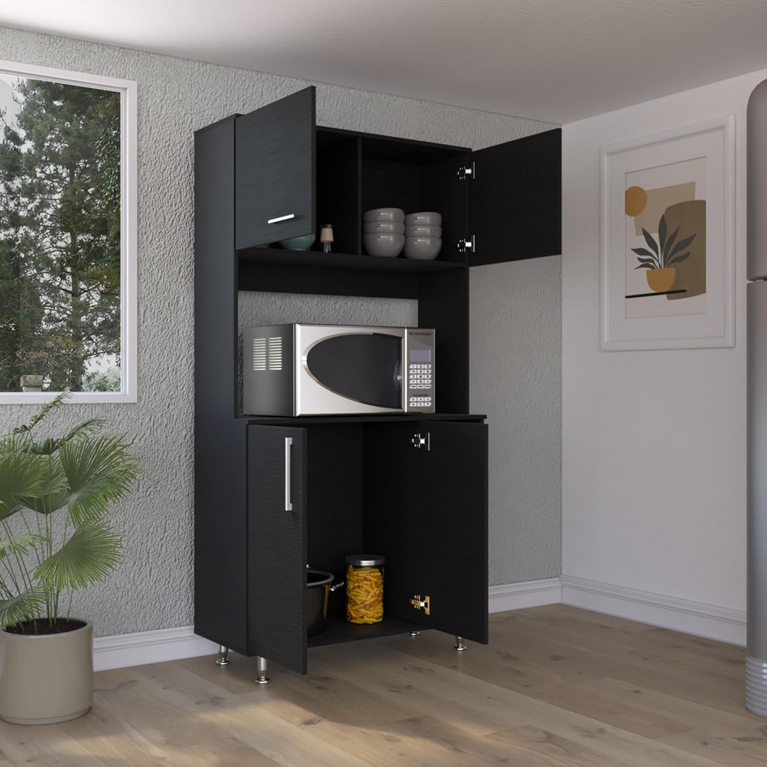 Kitchen Pantry Cabinet, 3 Shelves, Double Door & Open Rack - Black
