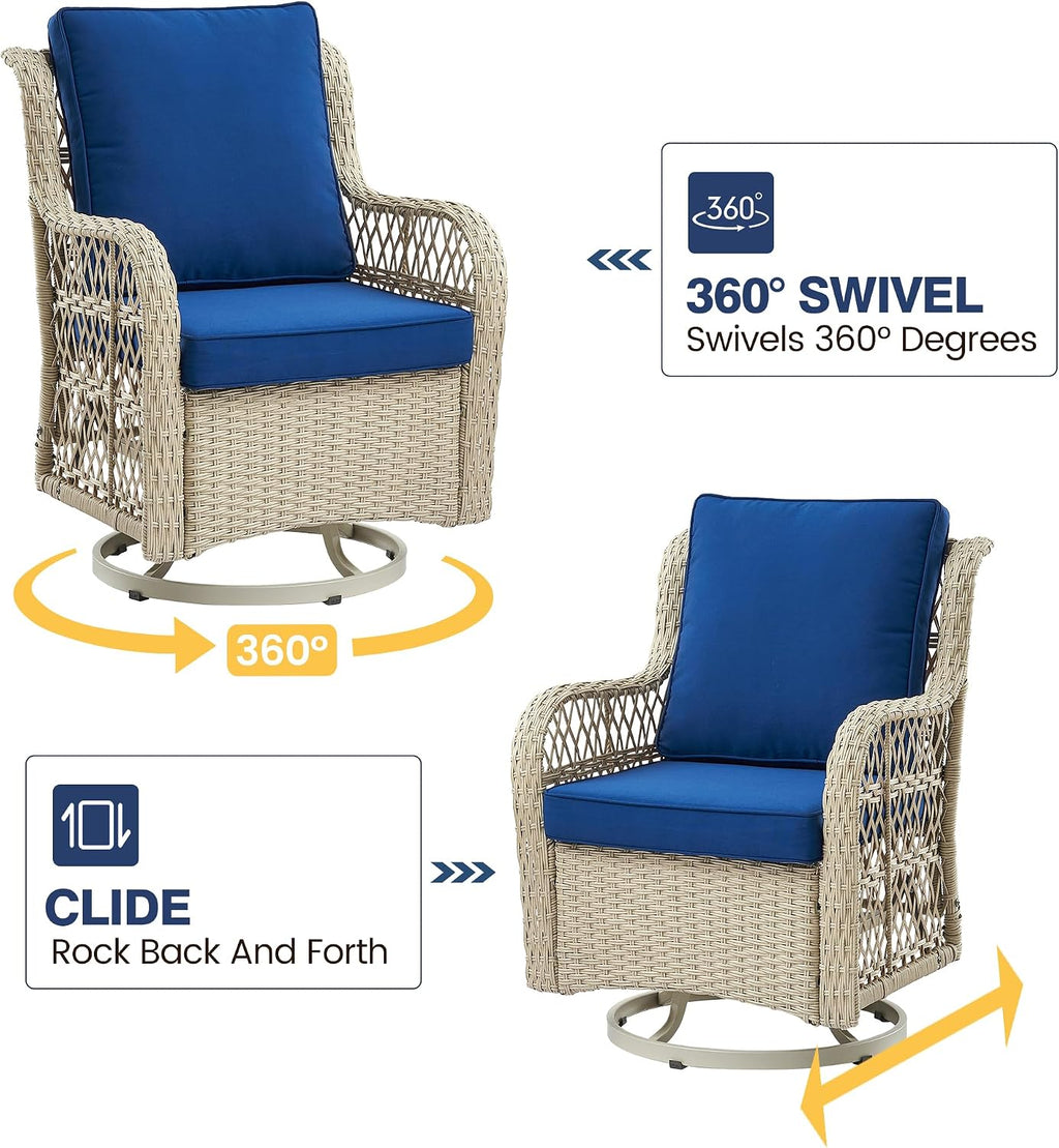 GarveeHome 3 Piece Outdoor Swivel Chair Set with Washable Cushions, 360 Degree Rotating Patio Armchairs, Iron Frame with Rattan Weaving, Compact Seating for Balcony Deck Garden, 4 Color Options
