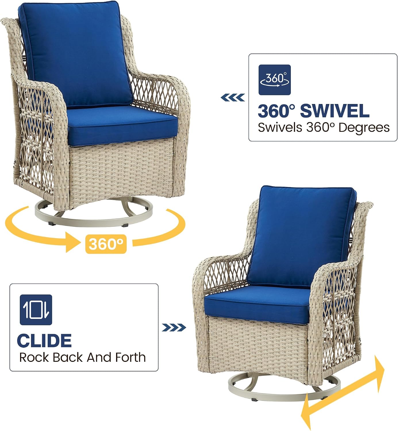GarveeHome 3 Piece Outdoor Swivel Chair Set with Washable Cushions, 360 Degree Rotating Patio Armchairs, Iron Frame with Rattan Weaving, Compact Seating for Balcony Deck Garden, 4 Color Options