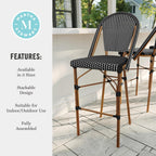 Martha Stewart Lily Pond Indoor-Outdoor Stackable Bar Stools with Natural Woodgrain Aluminum Frame Finish, Black/White Woven Rattan Backrests and Seats, Set of 2