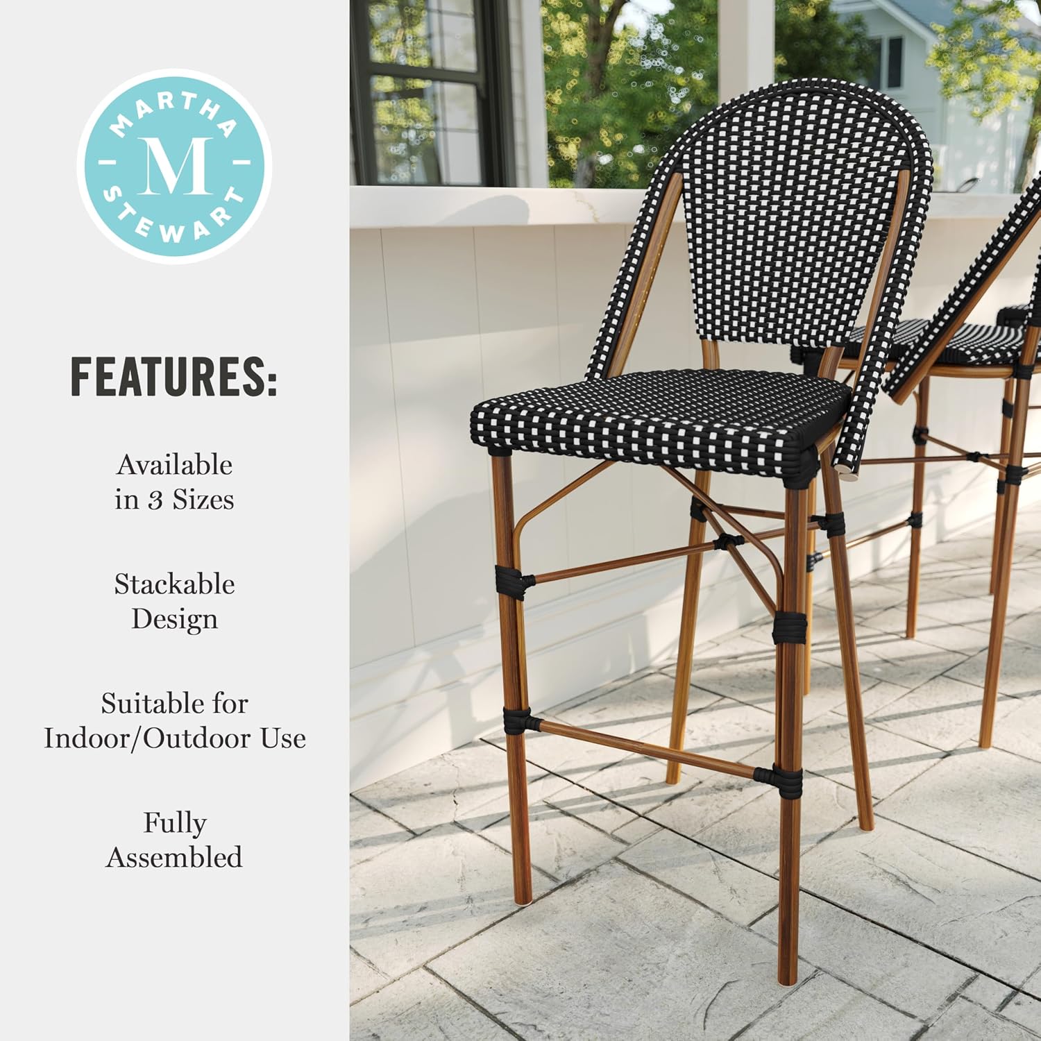 Martha Stewart Lily Pond Indoor-Outdoor Stackable Bar Stools with Natural Woodgrain Aluminum Frame Finish, Black/White Woven Rattan Backrests and Seats, Set of 2