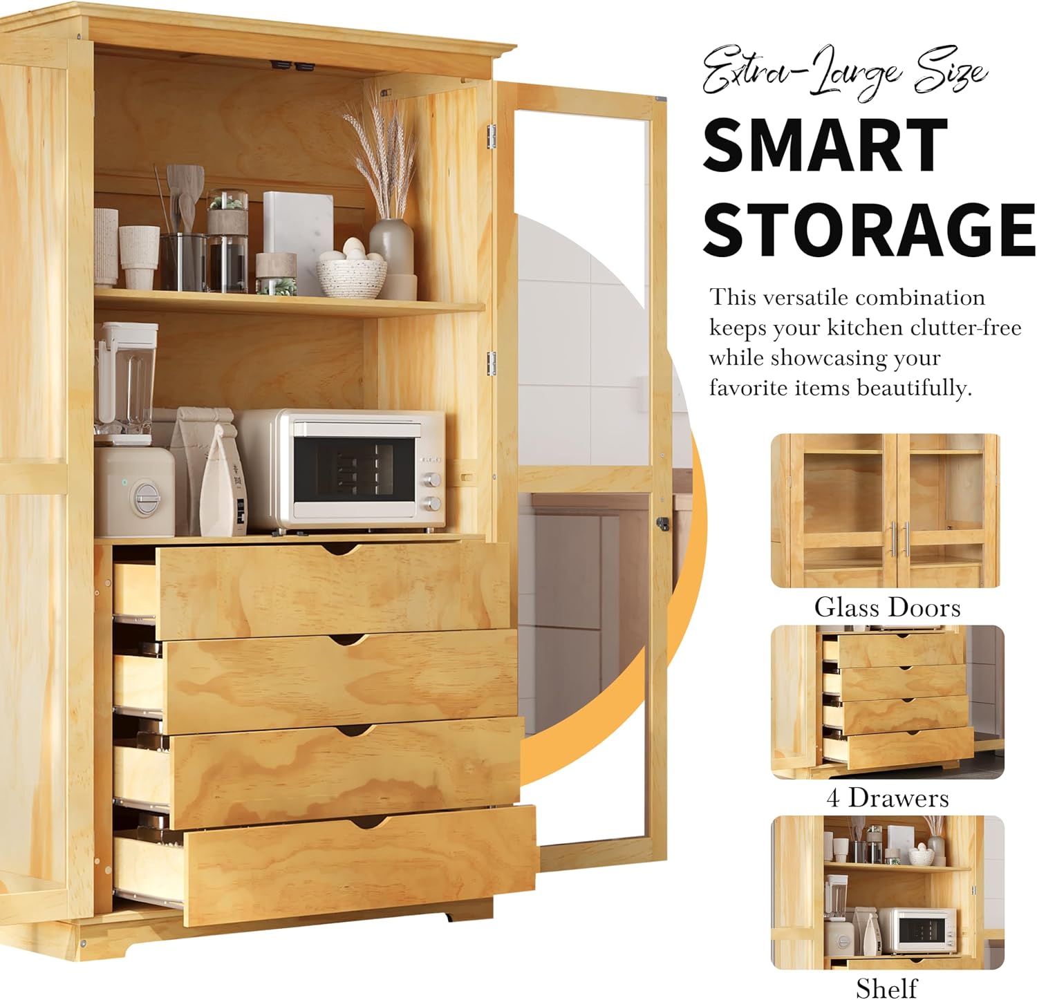 KUIKUI Kitchen Pantry Storage Cabinet, Pantry Cabinets for Kitchen Storage with Glass Doors and 4 Drawers, Natural, 44.7”L x 20”W x 75”H