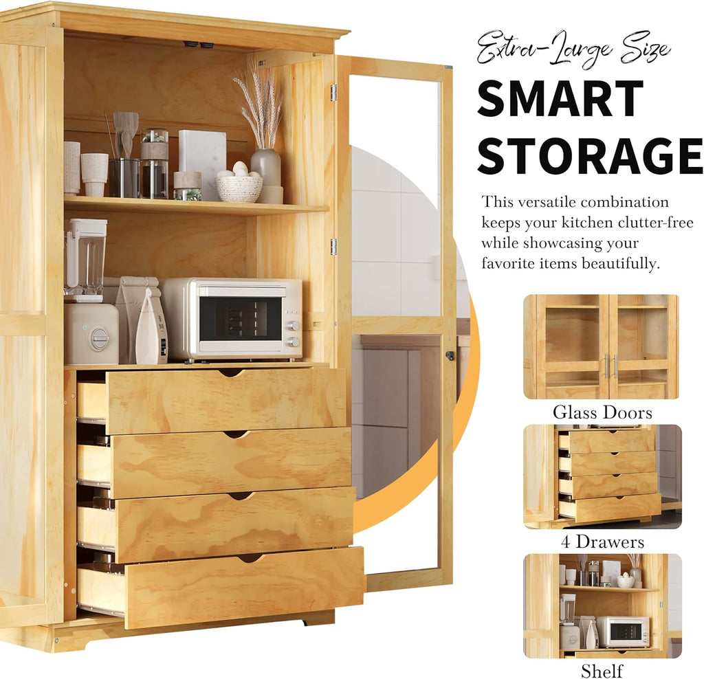 44.7" Wide Pine Wood Kitchen Pantry Cabinet with Glass Doors 4 Drawers and Shelf Freestanding Farmhouse Storage Cabinet for Kitchen Dining Living Room Display Organizer Natural