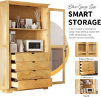 44.7" Wide Pine Wood Kitchen Pantry Cabinet with Glass Doors 4 Drawers and Shelf Freestanding Farmhouse Storage Cabinet for Kitchen Dining Living Room Display Organizer Natural