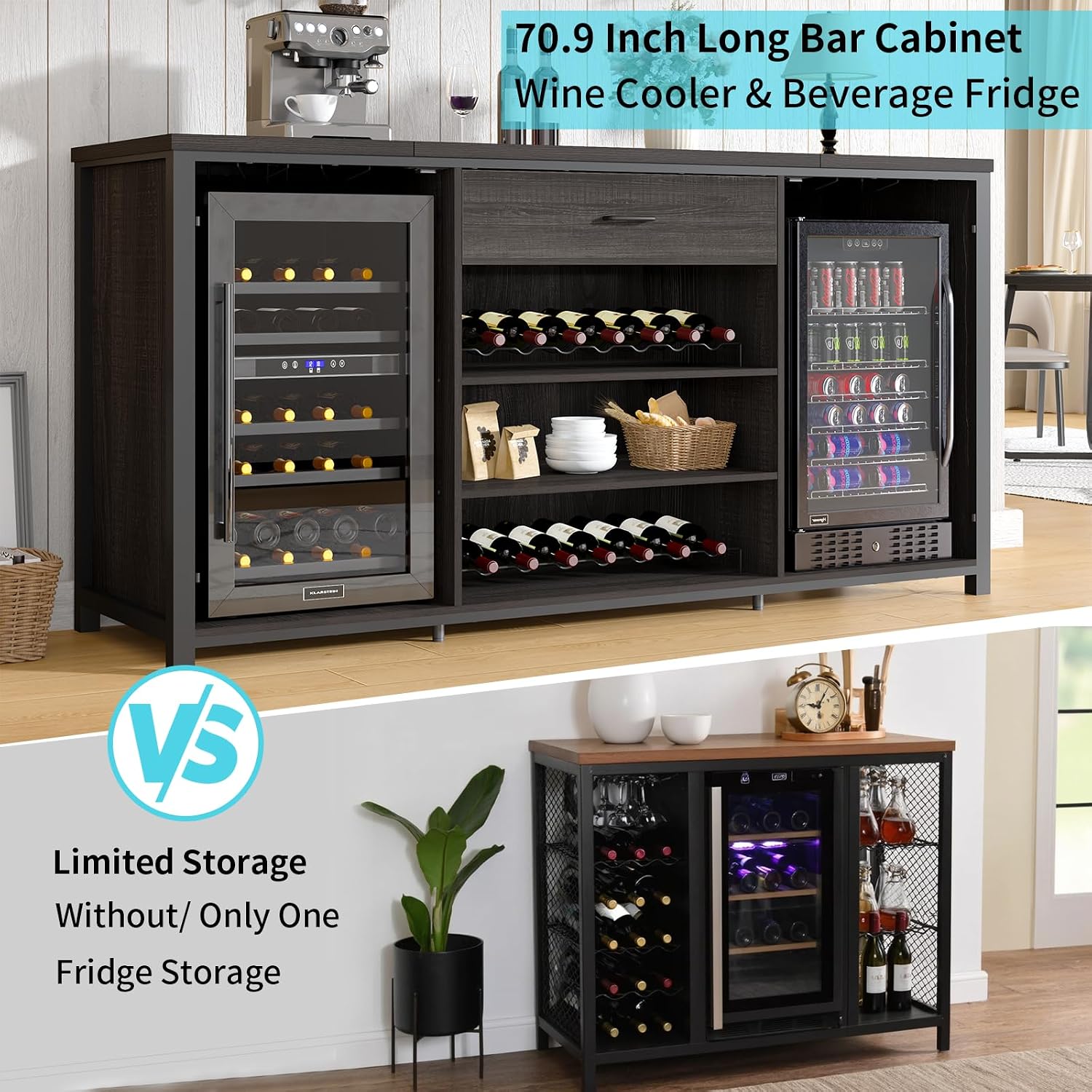 LVB Long Bar Cabinet with Fridge Space, Farmhouse Big Liquor Cabinet with Drawer Storage, Rustic Wood Metal Large Wine Cabinet with Rack, Modern Sideboard Buffet for Kitchen Dining Room, Gray, 70 Inch