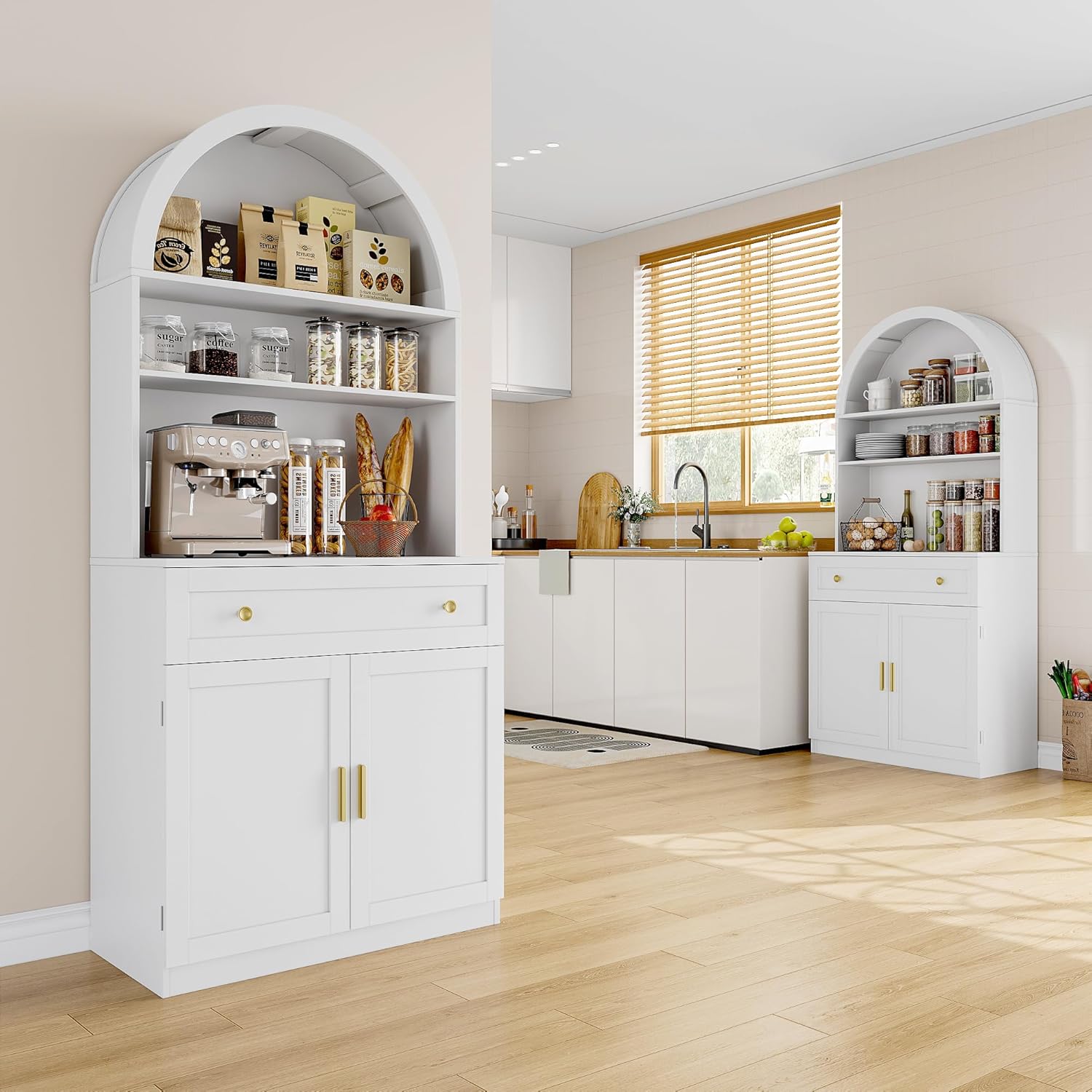 71" Tall Arched Kitchen Pantry Cabinet, Modern Kitchen Storage Cabinets with Hidden Drawer and Spacious Countertop, Wooden Storage Pantry Cabinet for Living Room, Dining Room, White
