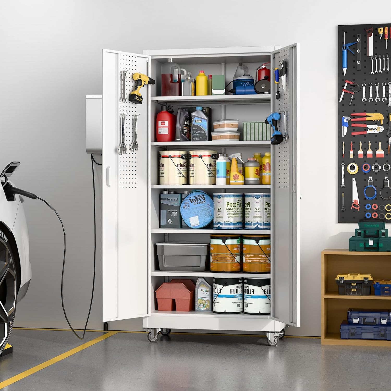 Aobabo Upgrade 71H''*32''W*16''D Metal Garage Storage Cabinet with Wheels and Pegboards, 5 Adjustable Shelves Steel Storage Cabinets for Home,Warehouse,Garage,Assembly Required,White