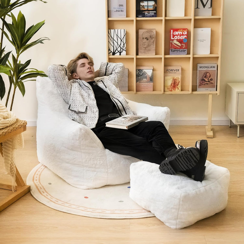 Cvortll Bean Bag Chair with Ottoman, Soft Fluffy Faux Fur Beanbag Chairs for Adults with Armrest and Memory Foam Fille, Lazy BeanBag Sofa with Footstool for Living Room, Bedroom, Apartment