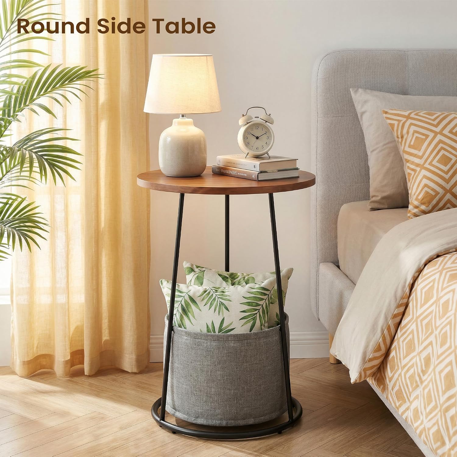 Manora 21.7" Round End Table, Modern Industrial Side Table Nightstand, Small Wood Top Accent Table for Living Room, Couch, Bedroom, Black Metal Legs, Rustic Brown (with a Basket)