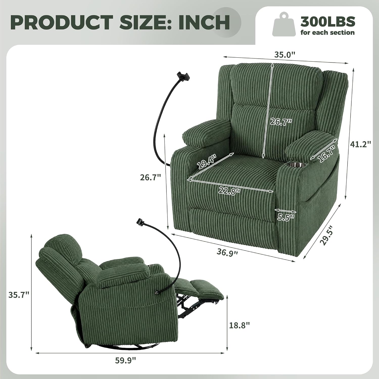 ERYE Power Reclining Chair Corduroy Upholstered Nursery Armchair,Glider Rocker Swivel Recliner W/Vibration Heat,USB-C Ports,Cupholder,Hidden Storage & Adjustable Headrest