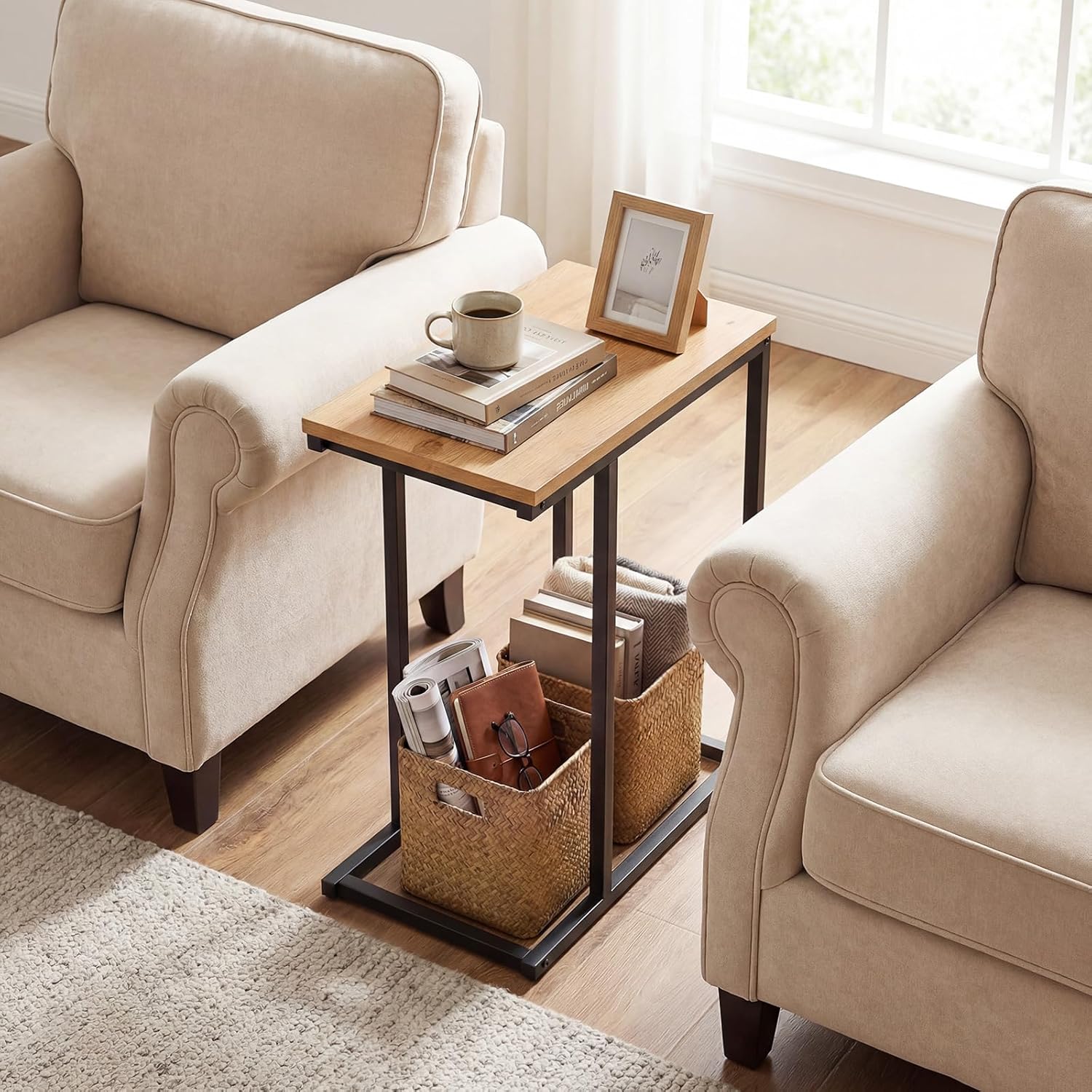 Giantex C-Shaped End Table, Set of 2 Small Sofa Couch Side Table that Slide Under with Metal Frame & Spacious Tabletop, Bedside Laptop TV Tray for Living Room Bedroom Small Spaces (Natural)