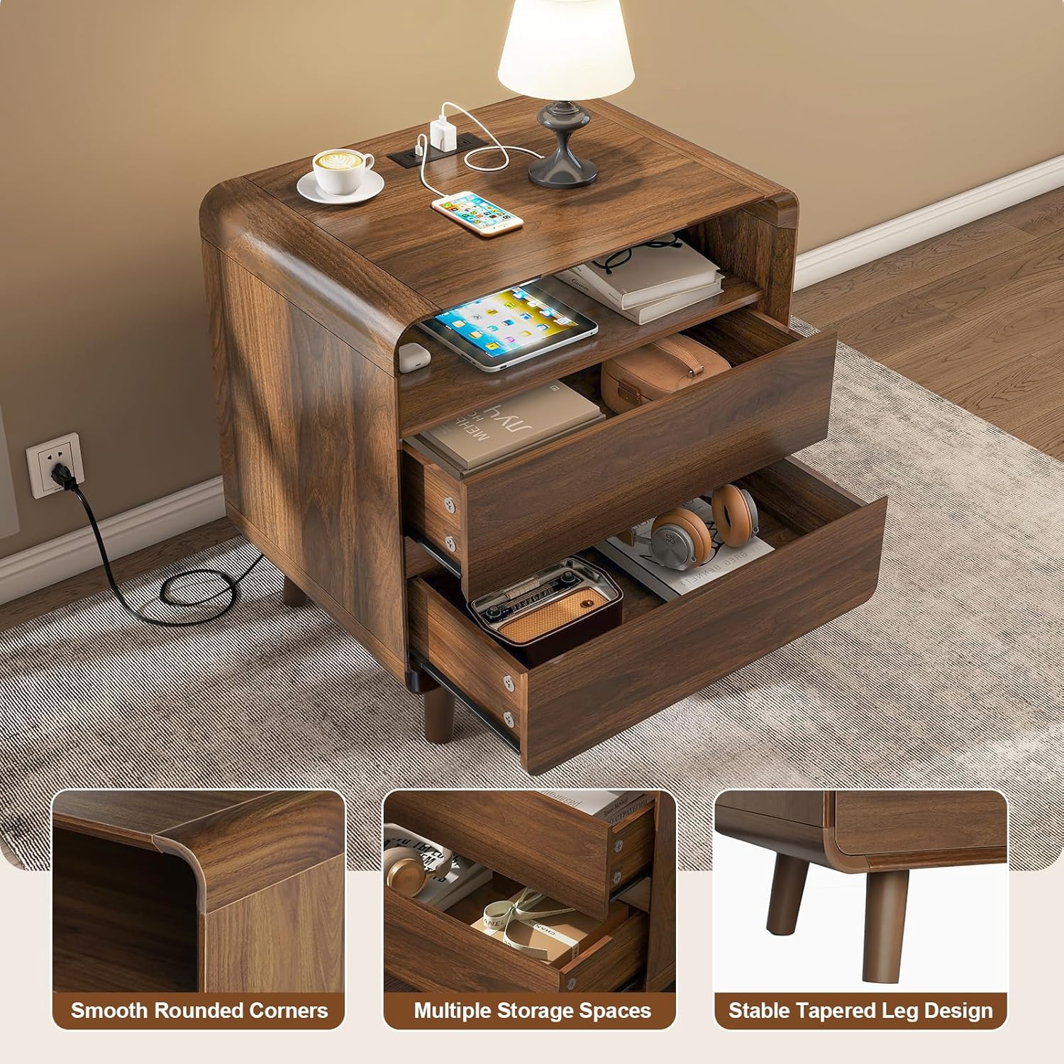 Nasonet Mid Century Modern Nightstand with Charging Station, Wood Bedroom End Tables Set of 2 Nightstands with Drawers, Bedside Table for Living Room, Curved Profile Design, Walnut