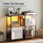 HOOBRO Record Player Stand with Charging Station and LED, Turntable Stand with Storage, 3 Tier End Table Hold Up to 100 Albums, Record Table for Vinyl, Living Room, Rustic Brown and Black BF06UDRS01