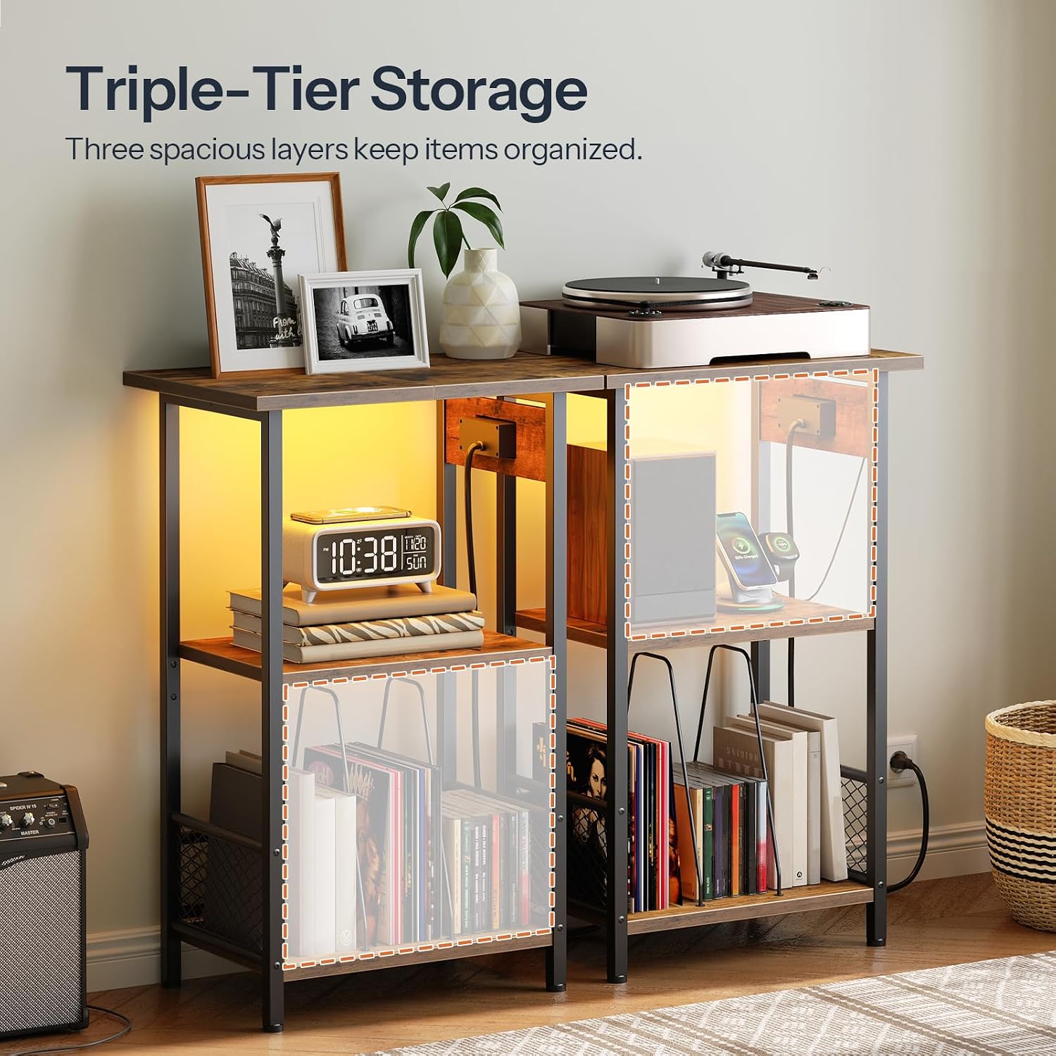 HOOBRO Record Player Stand with Charging Station and LED, Turntable Stand with Storage, 3 Tier End Table Hold Up to 100 Albums, Record Table for Vinyl, Living Room, Rustic Brown and Black BF06UDRS01