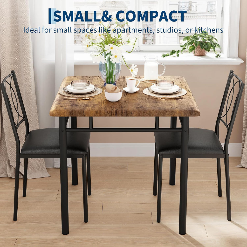 IDEALHOUSE Space-Saving Dining Table Set for 2 – 3-Piece Farmhouse Wooden Table & Upholstered Chairs – Easy to Clean, Ideal for Apartments & Breakfast Nooks – Compact Dining Furniture – Vintage Color