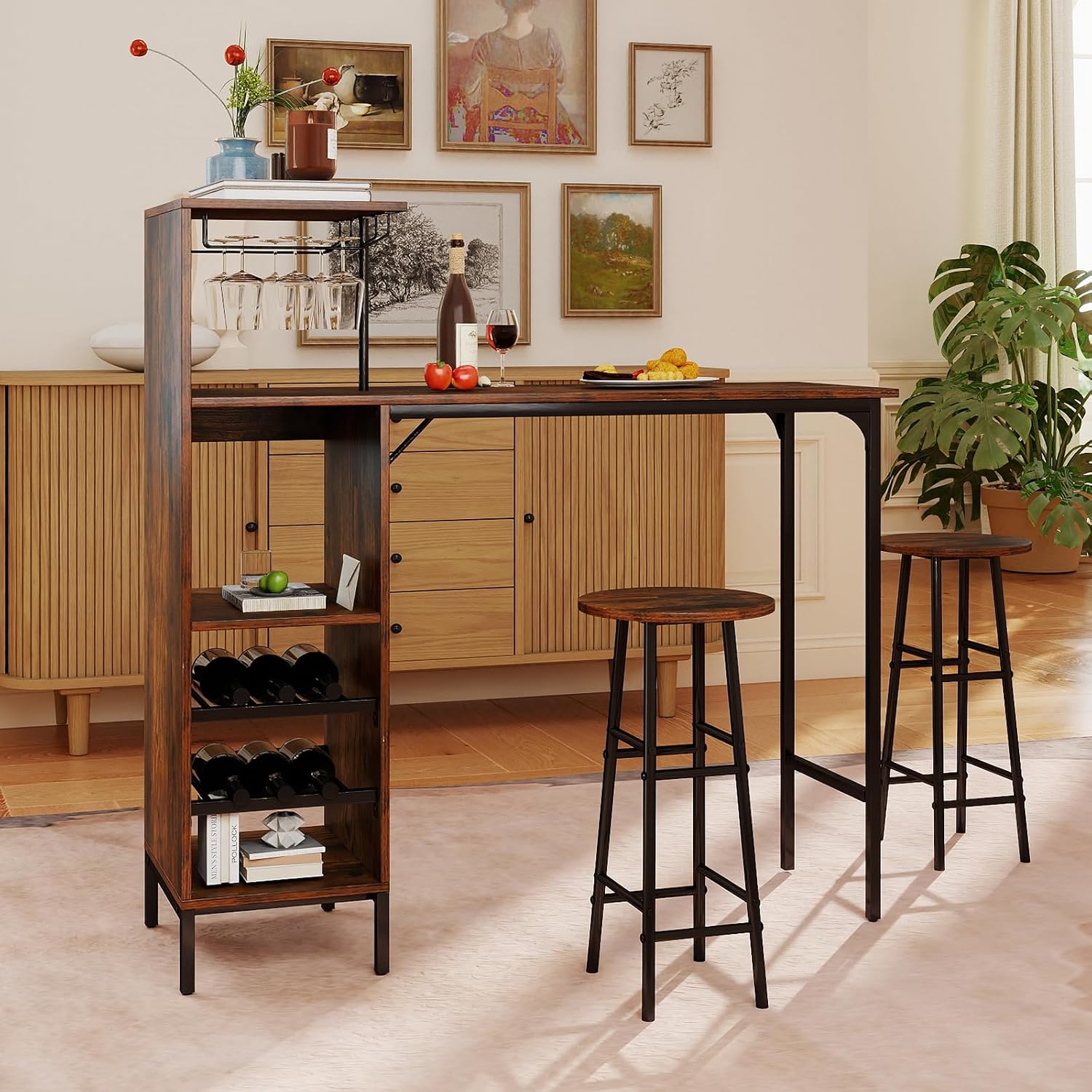 GOFLAME Bar Table Set for 2, Counter Height Dining Table Set with Shelves, Cup Holder & Wine Rack, Breakfast Table & Stools Set, 3-Piece Pub Table Set for Kitchen, Dining Room, Rustic Brown