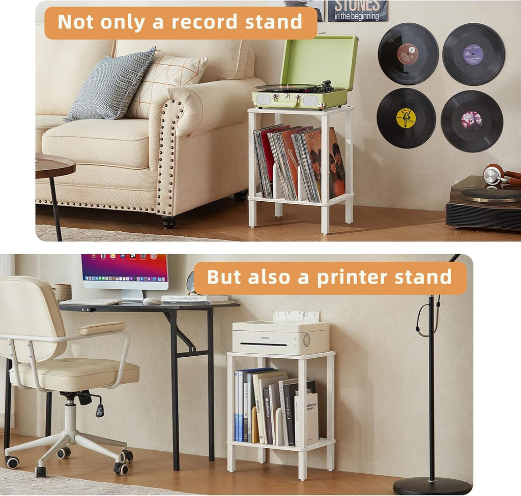 LELELINKY 2-Tier Record Player Stand with Vinyl Record Storage up to 100 Albums, Bedroom Record Holder and Multi-Functional End Table for Living Room, Grey White