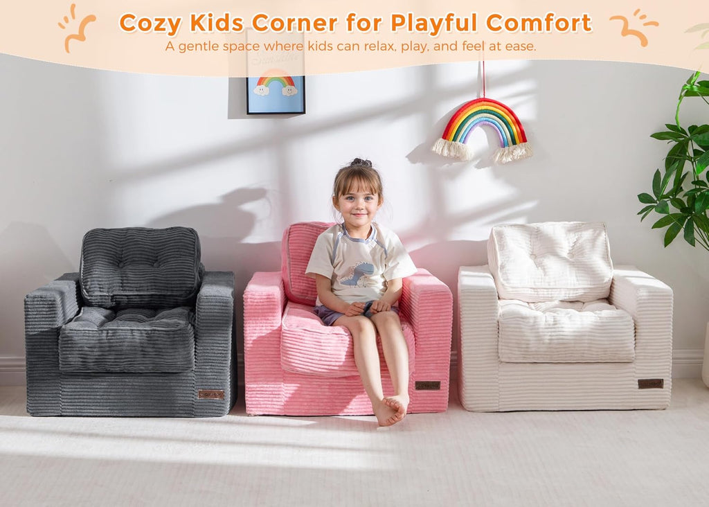 MAXYOYO Kids Bean Bag Chair, Upholstered Bean Bag Sofa Cloud Seat | Boneless Couch with Tufted Cushion & Pillows, Kids Sofa in A Box, No Assembly Required, Beige, Single