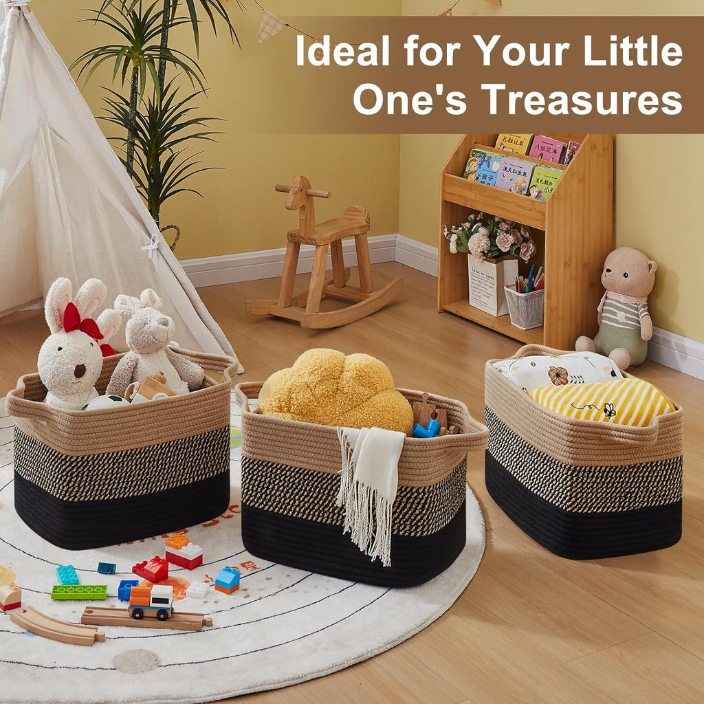 OIASKET Storage Basket for Organizing, Woven Baskets for Storage, Rectangle Decorative Baskets for Shleves, Closet, Toys, Books, Nursery Organizer Bins - Pack of 3 (Black & Brown, 15.75"x11.8"x9.85")