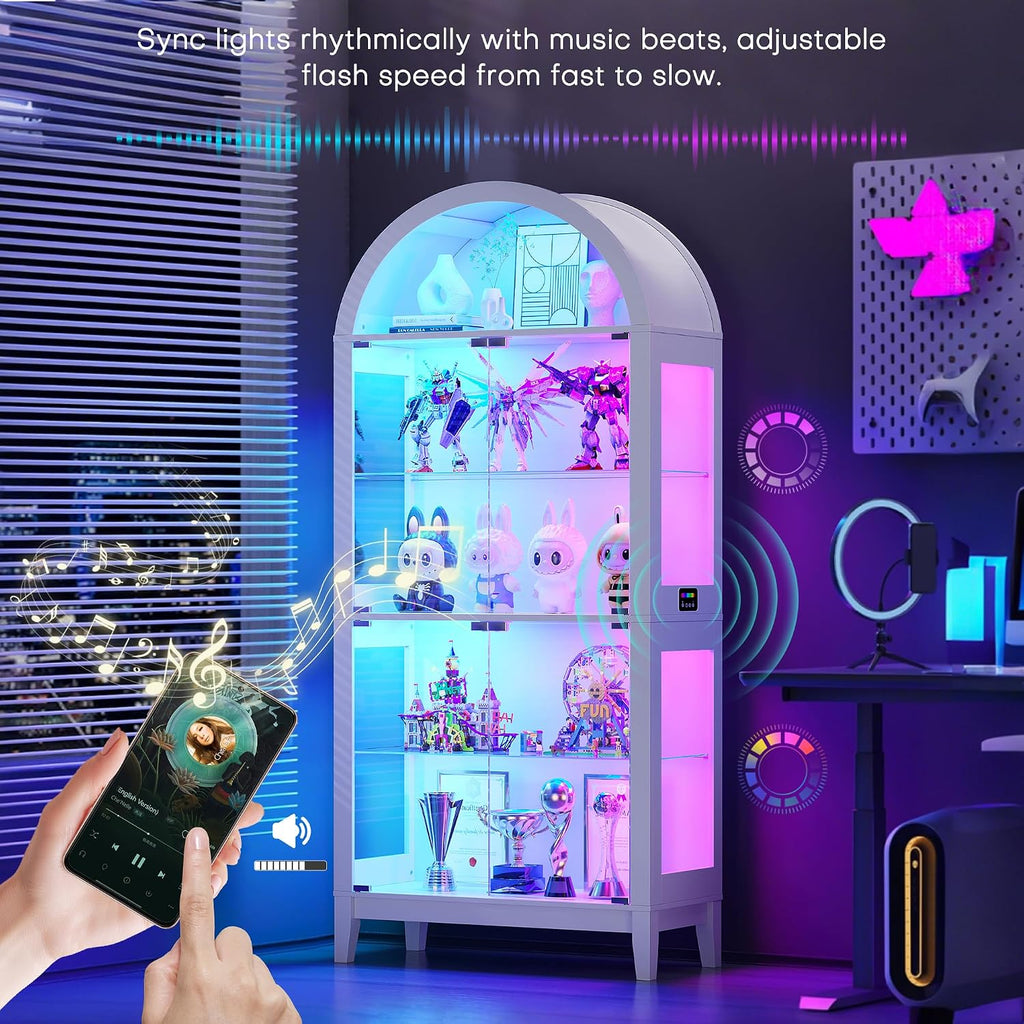 WOOVIVS Glass Display Cabinet with RGB Lights, 69" Tall Curio Cabinet with Rebound Tempered Glass Door, 5-Tier Adjustable Display Case for Living Room (White)