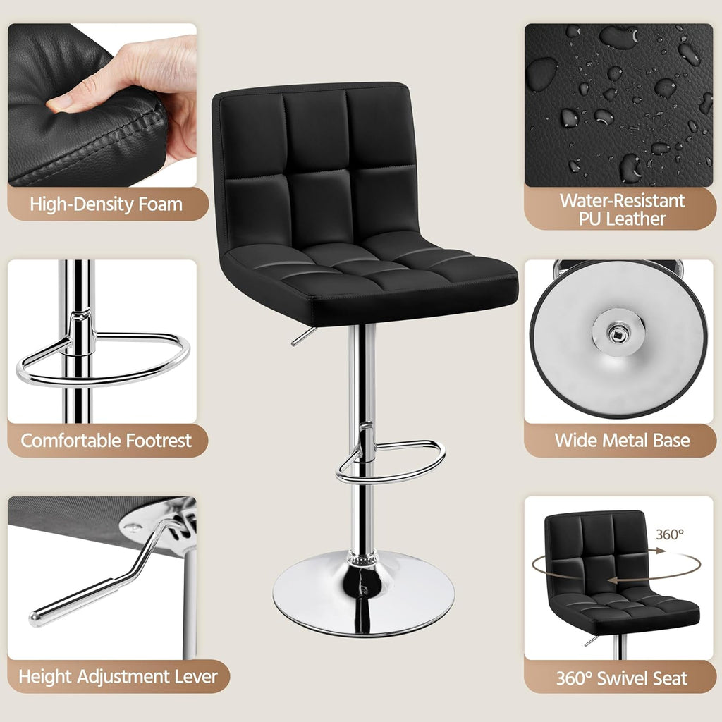 Yaheetech Bar Stools Set of 4, PU Leather Swivel Barstools, Height Adjustable Counter Chairs with Back for Bar Kitchen Island Dining Room, 300lb Capacity, Black