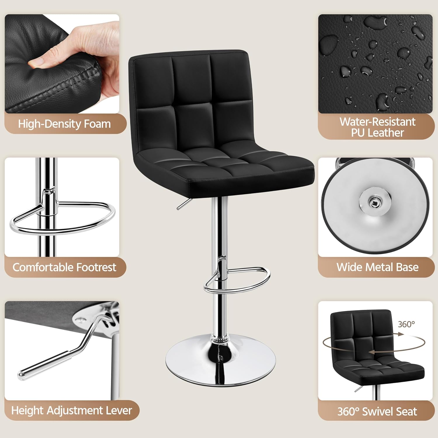 Yaheetech Bar Stools Set of 4, PU Leather Swivel Barstools, Height Adjustable Counter Chairs with Back for Bar Kitchen Island Dining Room, 300lb Capacity, Black