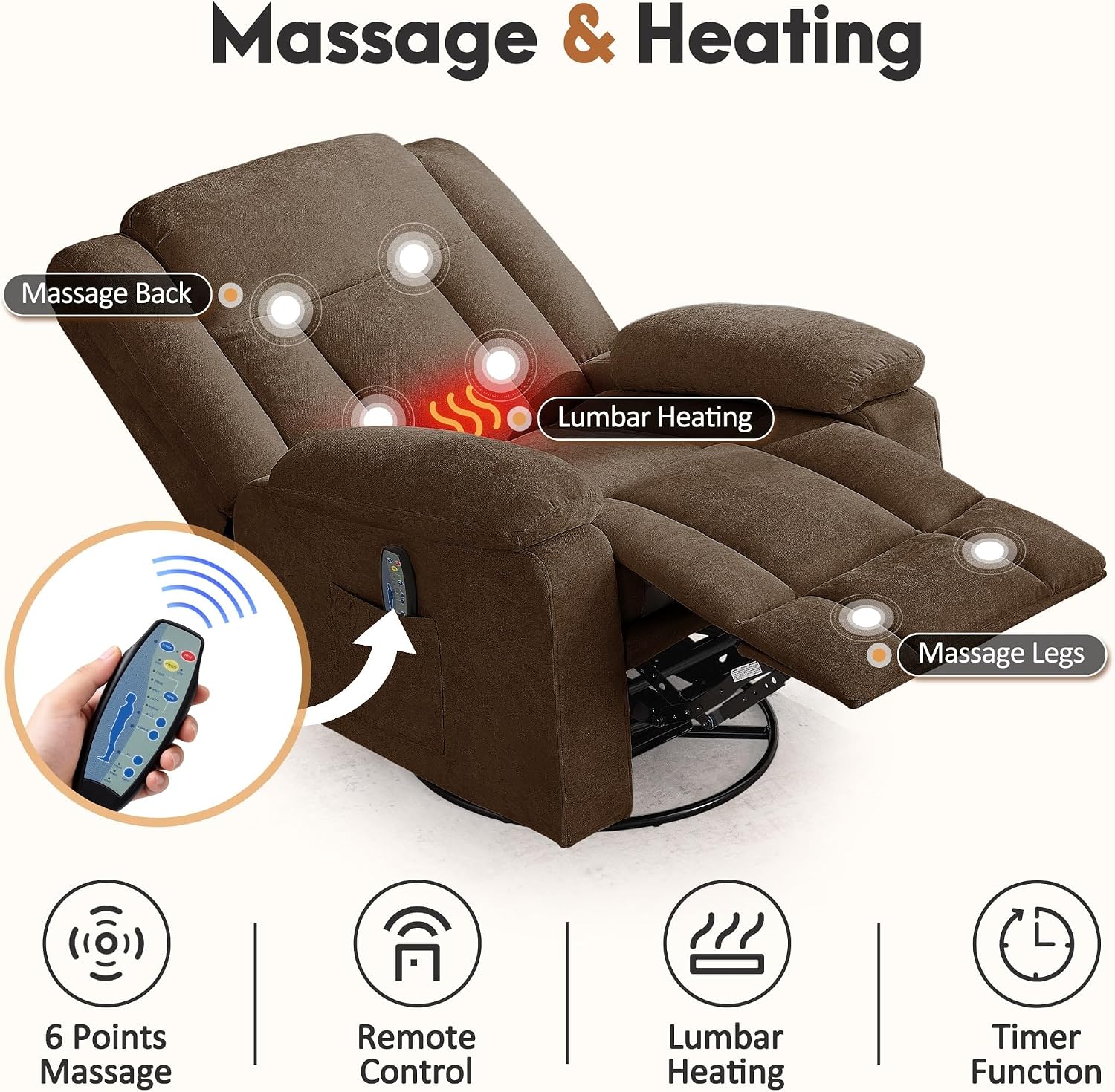 Korser Rocker Recliner Chair for Adults, 360° Swivel Rocker Recliner with Massage and Heating, Nursery Rocking Chairs with Side Pockets, Manual Reclining Chair for Living Room