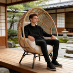 Wicker Egg Chair Indoor Outdoor, 400lbs Capacity, 8-Inch Cushion, Pill-Resistant Fabric Balcony Chairs(Natural)