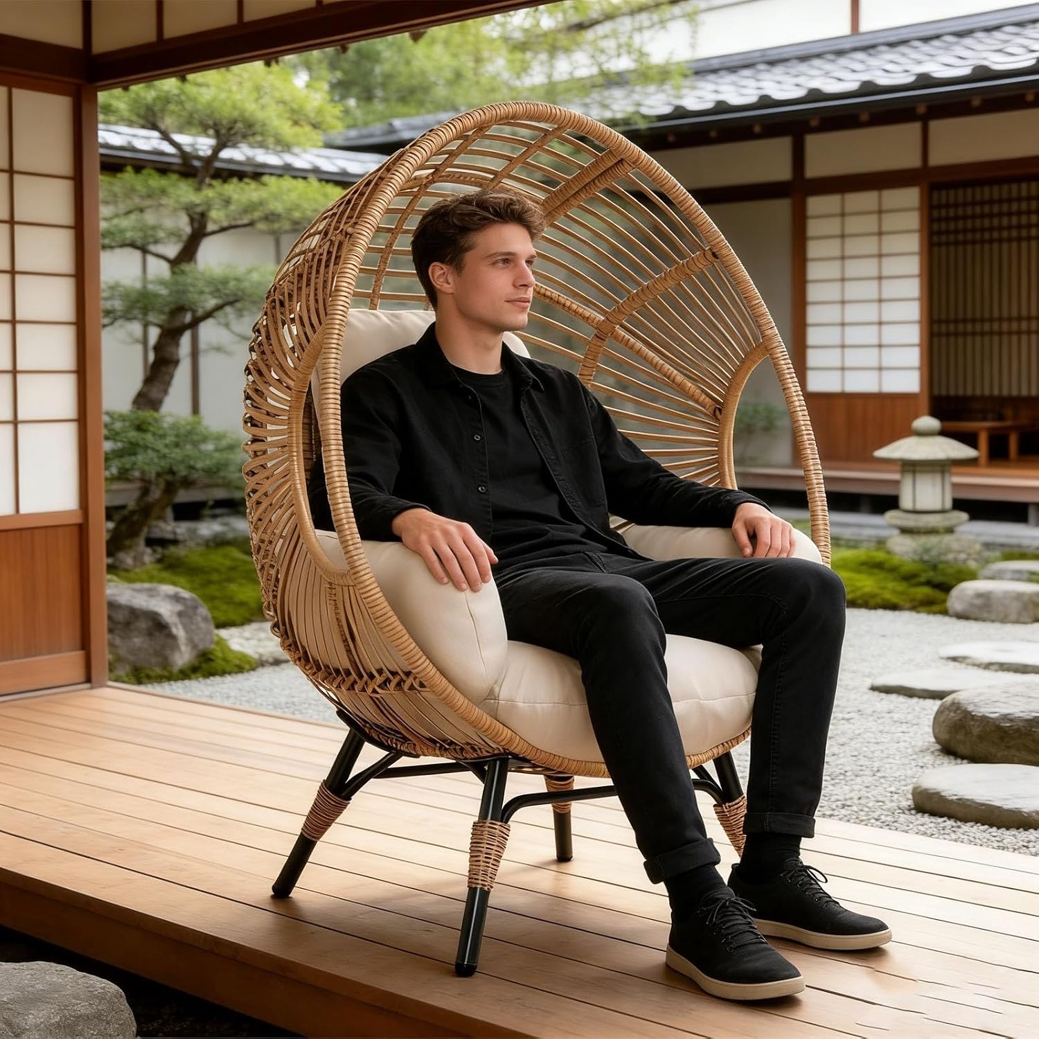 Wicker Egg Chair Indoor Outdoor, 400lbs Capacity, 8-Inch Cushion, Pill-Resistant Fabric Balcony Chairs(Natural)