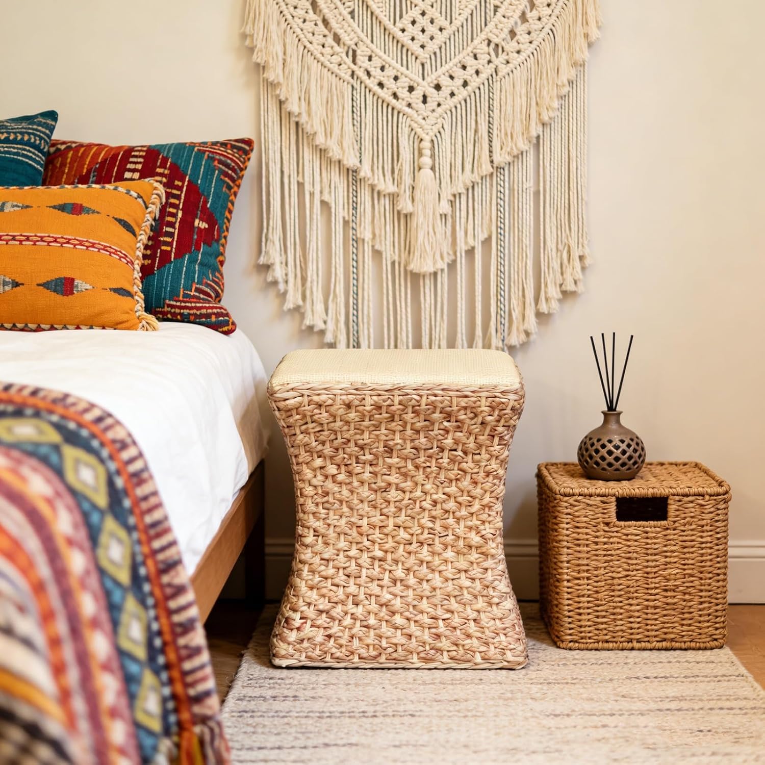 Vine Woven Stool Household Small Apartment Small Stool,Boho for The Living Room, Bedroom, Nursery, Patio, Lounge